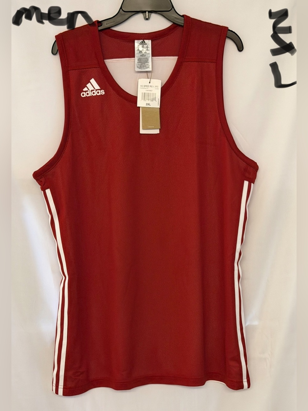 adidas Men’s Red Sleeveless Basketball Jersey with White Stripes